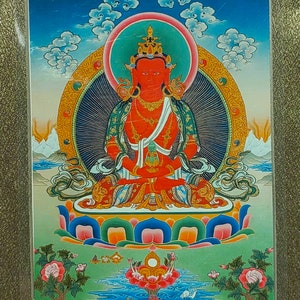 Original handgemachte tragbare Longevity Buddha Thangka Karte, winzige tibetisch-buddhistische Gemälde, Tantrismus Symbol, Himalaya-Kunst, W11PTC04