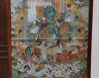 Premium Handmade Knitting Unframed Thangka Green Tara, Tibetan Thangka Art, Tibetan Buddhist Tapestry, W15TK02