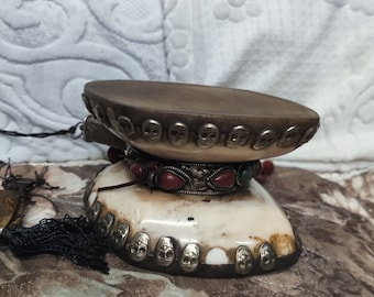 Tibetan Handmade Drum, Vintage-style Damaru, SACRED SKULL DRUM, Meditation Instrument, Ancient Buddhist Percussion, Himalayan Art, W21STA24