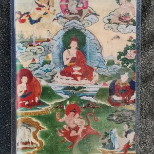 Handgemachte tragbare Karte Padmasambhava und Mahasiddhas Thangka, kleine tibetisch-buddhistische Kunst, Symbol des Tantrismus, Himalaya-Kunst