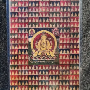 Handgemachte tragbare tragbare vierarmige Avalokiteshvara Bodhisattva Thangka-Karte, kleine tibetisch-buddhistische Kunst, Symbol des Tantrismus, Himalaya-Kunst