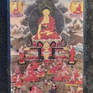 Handgemachte tragbare Karte Sakyamuni Buddha und Achtzehn Arhats Thangka, kleine tibetisch-buddhistische Kunst, Tantrismus-Symbol, Himalaya-Kunst