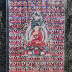 Handgemachte tragbare Ratnasambhava Buddha Thangka Karte, kleine tibetische buddhistische Kunst, Tantrismus Symbol, Bodhisattva Malerei, Himalaya Kunst