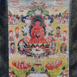 Handgemachte tragbare Amitabha Thangka Karte, kleine tibetische buddhistische Kunst, Tantrismus Symbol, Bodhisattva Malerei, Himalaya Kunst