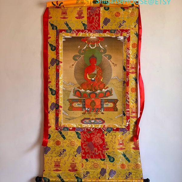 Premium Handmade Amitabha, Tibetan Thangka Art, Painting with Silk Brocade, Tibetan Buddhist Tapestry, Himalayan Art