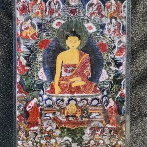 Handgemachte tragbare Karte Sakyamuni Buddha und Achtzehn Arhats Thangka, kleine tibetisch-buddhistische Kunst, Tantrismus-Symbol, Himalaya-Kunst