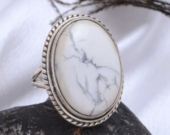 White Buffalo Howlite Ring - Oval Sterling Silver Statement Ring