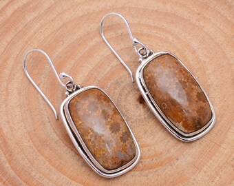 Fossila koraller, jaspisörhängen - Örhänge i sterlingsilver - Gåva till hennes födelsedag, årsdag, fru, mamma, flickvän - Handgjorda smycken i bohemisk stil