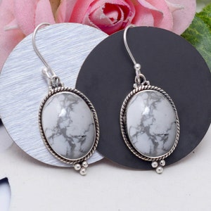 White Buffalo Turquoise Howlite Earrings - Sterling Silver Earring - Handmade Gemstone Jewelry - Gift For Her Birthday Anniversary Wife Mom