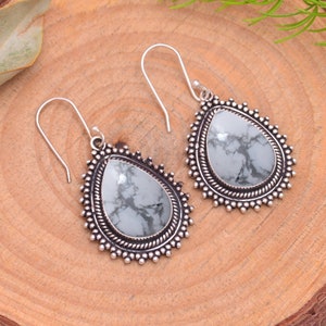 White Buffalo Turquoise Howlite Earrings - Sterling Silver Earring - Handmade Gemstone Jewelry - Gift For Her Birthday Anniversary Wife Mom