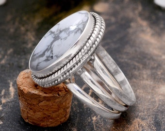 White Buffalo Turquoise Howlite Ring - 925 Sterling Silver Handmade Jewelry