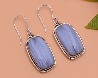 Pendientes de plata de ley con ágata de encaje azul – Joyería boho hecha a mano