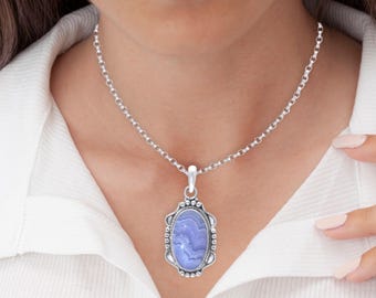 Handgemaakte blauwe kanten agaat hanger ketting sterlingzilver, natuursteen sieraden, attente cadeaus