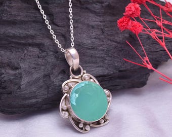 Aqua Chalcedoon ketting sterlingzilver, handgemaakte edelsteen sieraden, verjaardagscadeau voor vrouwen, elegante ketting
