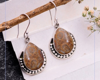 Örhängen i sterlingsilver med fossila koraller och jaspis – Boho Dangle Jewelry