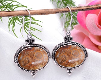 Fossila koraller, jaspisörhängen - Örhänge i sterlingsilver - Gåva till hennes födelsedag, årsdag, fru, mamma, flickvän - Handgjorda smycken i bohemisk stil
