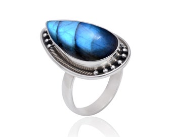Blue Labradorite Sterling Silver Ring - Bohemian Fashion Jewelry