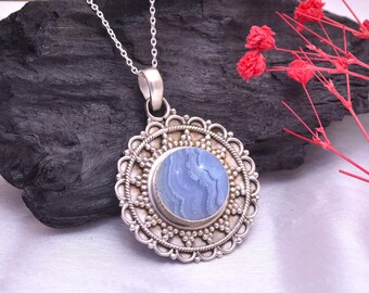 Sterlingzilveren ketting met blauwe kanten agaat, genezende kristallen hanger, elegante boho-sieradencadeau
