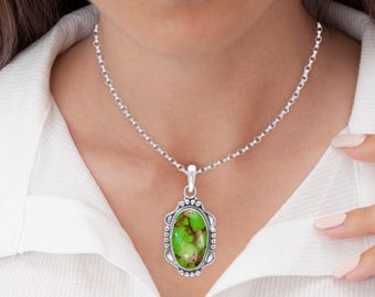 Collar de plata de ley con turquesa verde, colgante de piedra preciosa artesanal, joyería de estilo bohemio, collar llamativo.