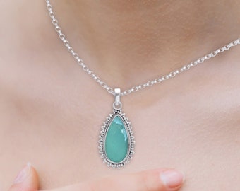 Aqua Chalcedony Pendant Necklace Sterling Silver, Gemstone Necklace, , Gift for Her, Anniversary, Romantic Jewelry