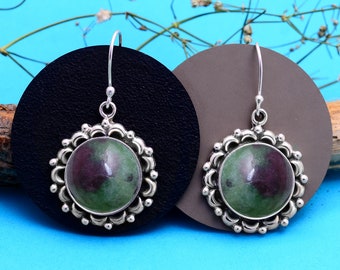 Ruby Zoisite Sterling Silver Earrings – Boho Filigree Dangle Jewelry