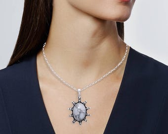 White Buffalo Howlite Turquoise Pendant Necklace Sterling Silver Southwestern Statement Jewelry Gift for Her