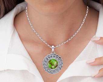 Handgemaakte groen koperen turkoois hanger, massief 925 sterlingzilveren ketting, boho zuidwestelijke sieraden