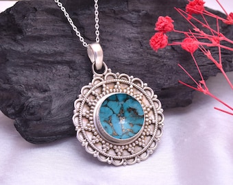 Boho turkoois hanger ketting sterlingzilver, trendy boho-sieraden, cadeau voor moeder, festivalsieraden