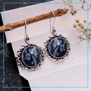 Snowflake obsidian Earring - Sterling Silver Earring - Jewelry For Women Birthday Anniversary Wife Mom Girlfriend - Bohemian Fashion Jewelry