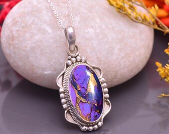 Paarse turkoois sterlingzilveren ketting, handgemaakte hanger, boho-sieraden Cadeau voor haar, geboortesteen december