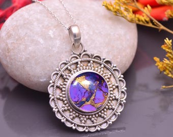 Paarse turkoois sterlingzilveren ketting, handgemaakte hanger, boho-sieraden Cadeau voor haar, geboortesteen december