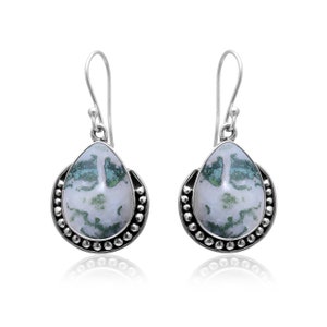 Moss Agate Earrings - Sterling Silver Earrings - Boho Style Gemstone Jewelry - Gift For Her Birthday Anniversary Wife Mom Girlfriend Sister
