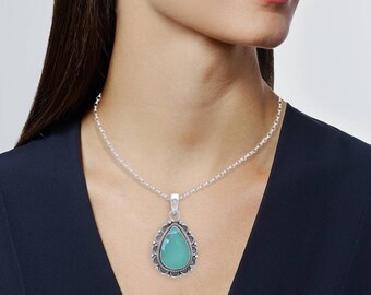 Aqua Chalcedony Pendant Necklace Sterling Silver, Gemstone Necklace, , Gift for Her, Anniversary, Romantic Jewelry