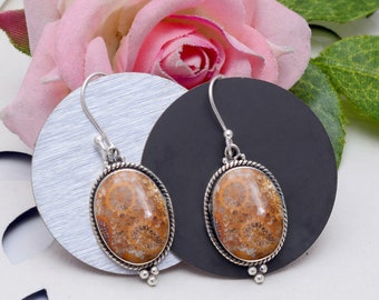 Örhängen i sterlingsilver med fossila koraller och jaspis - Boho Dangle Jewelry