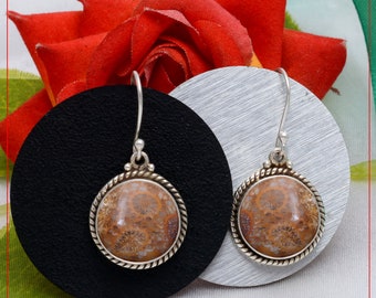 Fossila koraller, jaspisörhängen - Örhänge i sterlingsilver - Gåva till hennes födelsedag, årsdag, fru, mamma, flickvän - Handgjorda smycken i bohemisk stil