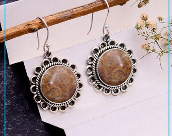 Örhängen i sterlingsilver med fossila koraller och jaspis - Boho Dangle Jewelry