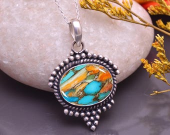Boho-oesterturkooisketting in sterlingzilver, handgemaakte edelsteensieraden, alledaagse statement-ketting
