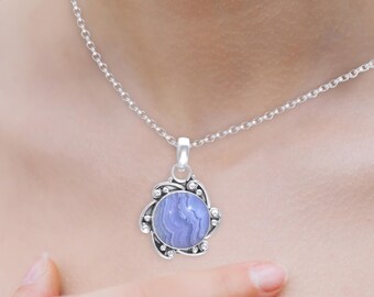 Natuurlijke blauwe kanten agaatketting in sterlingzilver, edelsteenhanger, uniek handgemaakte sieradencadeau