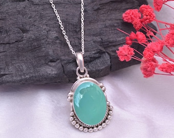 Aqua Chalcedony Pendant Necklace Sterling Silver, Gemstone Necklace, , Gift for Her, Anniversary, Romantic Jewelry