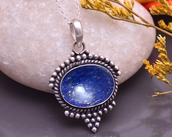 Boho lapis lazuli sterlingzilveren hanger ketting, natuurlijke edelsteen sieraden