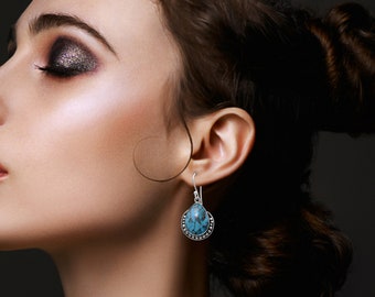 Blue Copper Turquoise Earrings For Women - Sterling Silver Spiny Blue Mojave Mohave Turquoise Earrings - Women Gift For Her Earring -VSE-444