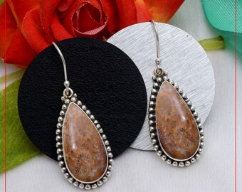 Fossila koraller, jaspisörhängen - Örhänge i sterlingsilver - Gåva till hennes födelsedag, årsdag, fru, mamma, flickvän - Handgjorda smycken i bohemisk stil