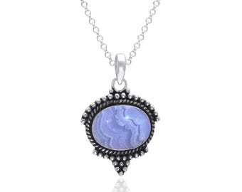 Handgemaakte blauwe kanten agaat hanger ketting sterlingzilver, natuursteen sieraden, attente cadeaus