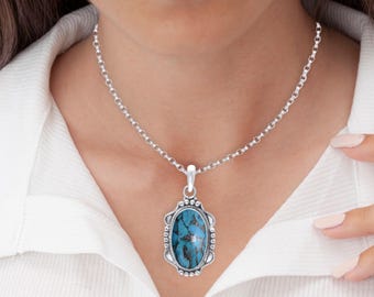 Turquoise sterlingzilveren ketting, unieke edelsteensieraden, handgemaakte hanger cadeau voor moeder vrouwen