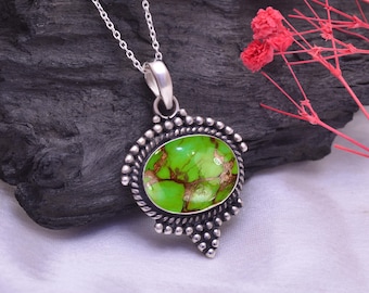 Collar de plata de ley con turquesa verde, colgante de piedra preciosa artesanal, joyería de estilo bohemio, collar llamativo.