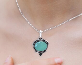 Aqua Chalcedoon hanger ketting sterlingzilver, edelsteen sieraden cadeau voor moeder, Moederdag