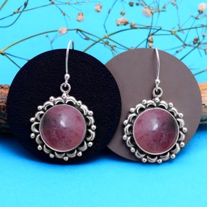 Rhodonite Earrings - Sterling Silver Earrings - Jewelry For Women&#39;s Birthday Anniversary Wife Mom Girlfriend - Boho Hippie Fashion Jewelry