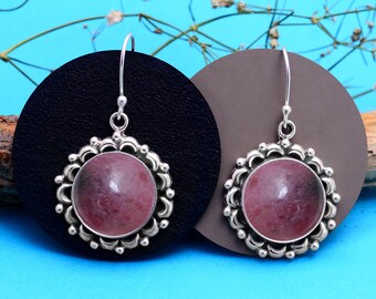 Filigrane Rhodonit Sterling Silber Ohrringe - Boho Edelstein Anhänger