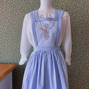 1980s dirndl pinafore apron dress blue cottagecore trachten dress