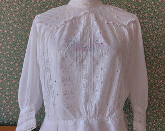 1900 French antique victorian edwardian blouse - embroidered cotton voile Valenciennes lace - medium to large